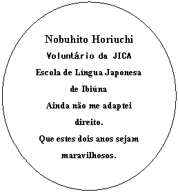 Texto explicativo em elipse: Nobuhito Horiuchi
Voluntario da JICA
Escola de Lingua Japonesa de Ibiuna
Ainda nao me adaptei direito.
Que estes dois anos sejam maravilhosos.

